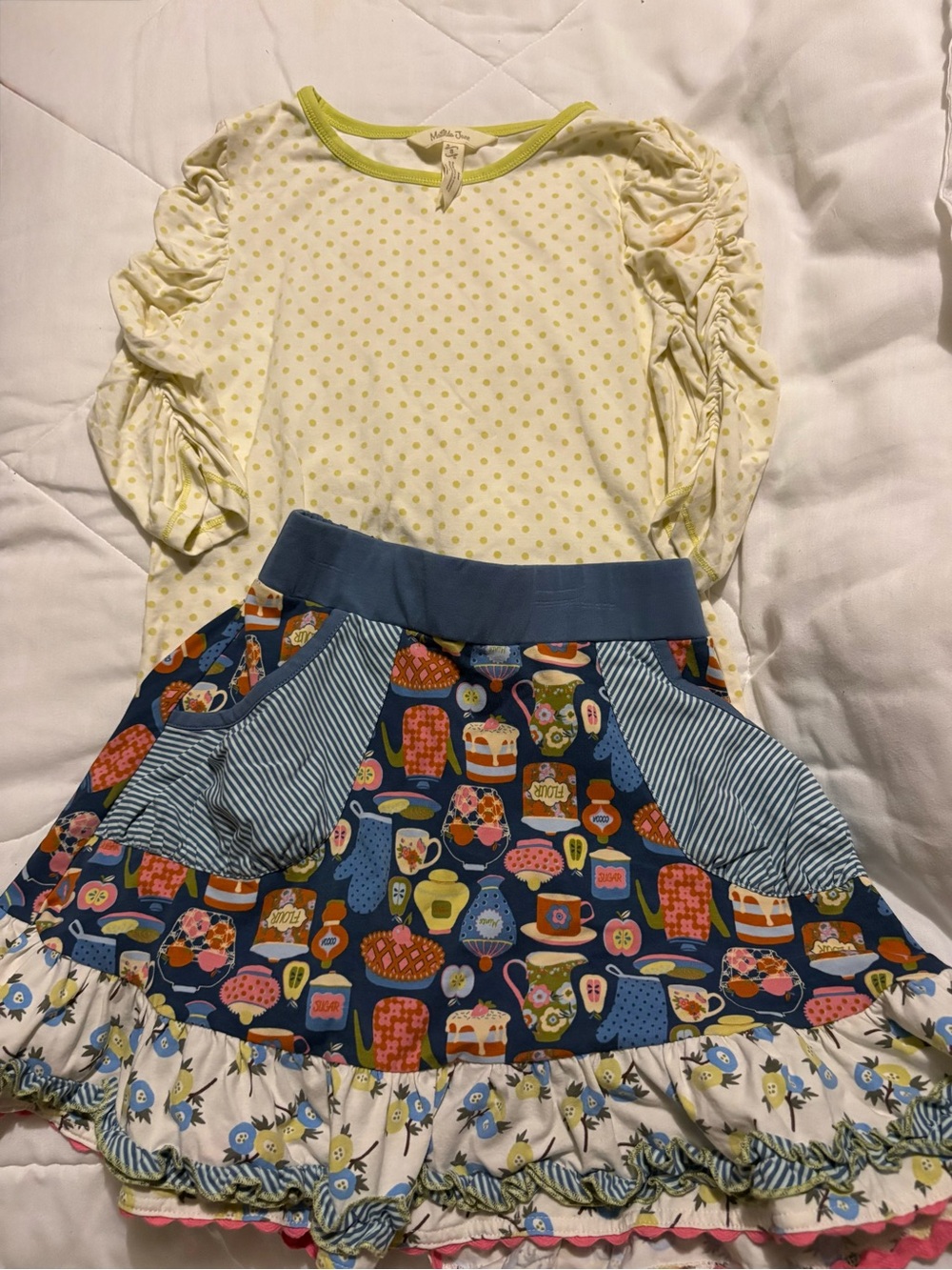 Matilda Jane Yellow Polka Dot Top with Navy Blue Patterned Skirt